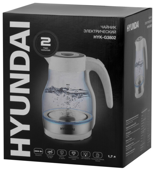 Чайник электрический Hyundai HYK-G3802 1.7л. 2200Вт белый/серебристый корпус: стекло Чайник электрический Hyundai HYK-G3802 1.7л. 2200Вт белый/серебристый корпус: стекло