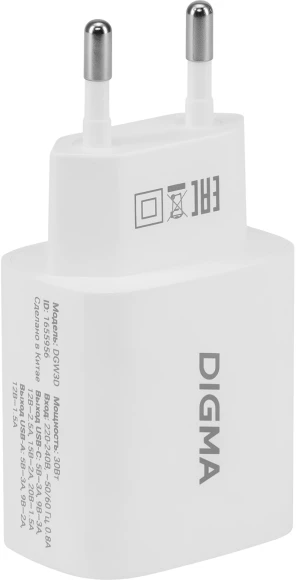 Сетевое зар./устр. Digma DGW3D 30W 3A (PD+QC) USB-C/USB-A универсальное белый (DGW3D0F110WH)