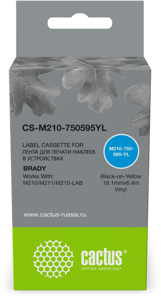 Картридж ленточный Cactus CS-M210-750595YL M210-750-595-YL черный на желтом 19.1x6.4 для Brady M210/M211/M210-LAB