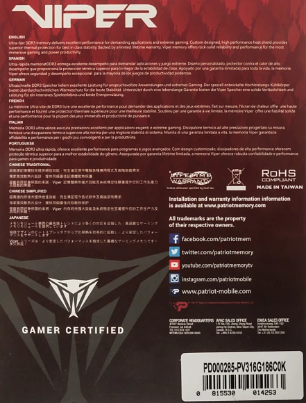 Память DDR3 2x8GB 1866MHz Patriot PV316G186C0K Viper 3 RTL PC3-14900 CL10 DIMM 240-pin 1.5В dual rank с радиатором Ret Память DDR3 2x8GB 1866MHz Patriot PV316G186C0K Viper 3 RTL PC3-14900 CL10 DIMM 240-pin 1.5В dual rank с радиатором Ret