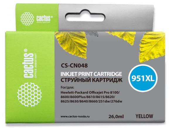 Картридж струйный Cactus CS-CN048 №951XL желтый (26мл) для HP DJ Pro 8100/8600 с чипом Картридж струйный Cactus CS-CN048 №951XL желтый (26мл) для HP DJ Pro 8100/8600 с чипом