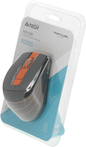Мышь A4Tech Fstyler FG30S серый/оранжевый оптическая 2000dpi silent беспров. USB 6but (FG30S ORANGE)