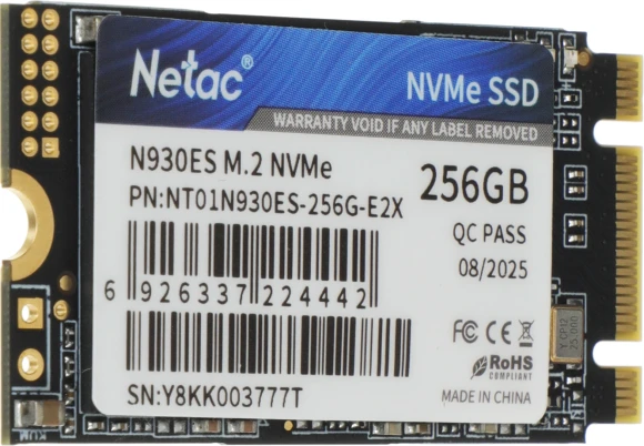Накопитель SSD Netac PCIe 3.0 x2 256GB NT01N930ES-256G-E2X N930ES M.2 2242