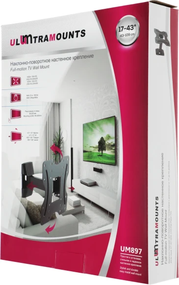 Кронштейн для телевизора Ultramounts UM897 черный 23"-42" макс.30кг настенный поворотно-выдвижной и наклонный Кронштейн для телевизора Ultramounts UM897 черный 23"-42" макс.30кг настенный поворотно-выдвижной и наклонный