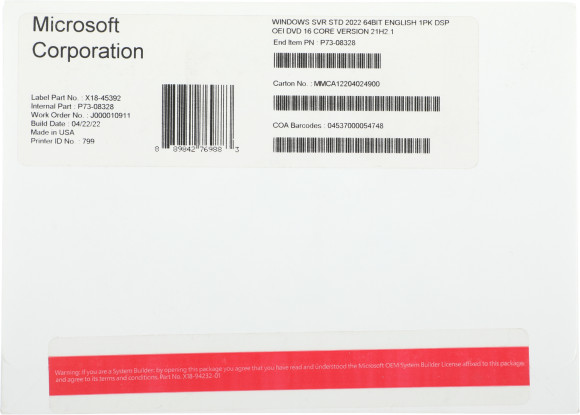 Операционная система Microsoft Windows Server 2019 Standard 5 Clt 64 bit Eng DVD BOX (P73-07680)