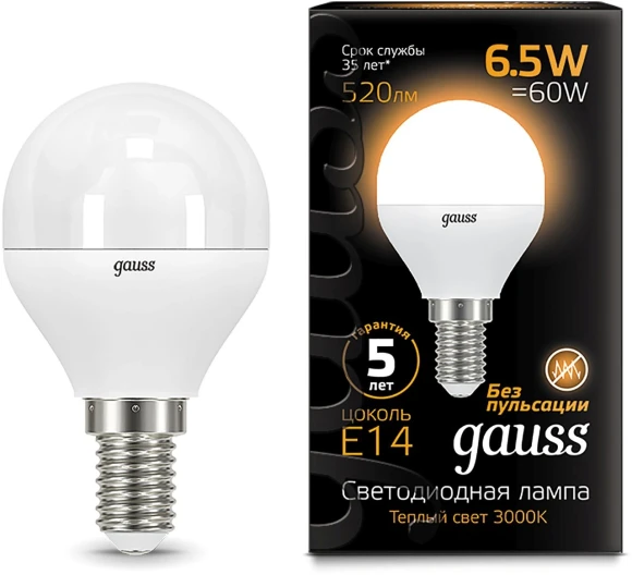 Лампа светодиодная Gauss 6.5Вт цок.:E14 шар 220B св.свеч.бел.теп. (упак.:1шт) (105101107) Лампа светодиодная Gauss 6.5Вт цок.:E14 шар 220B св.свеч.бел.теп. (упак.:1шт) (105101107)