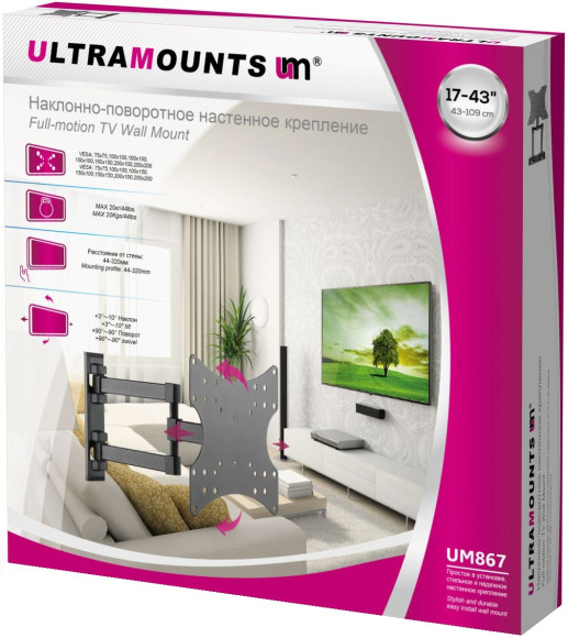 Кронштейн для телевизора Ultramounts UM867 черный 23"-42" макс.20кг настенный поворот и наклон Кронштейн для телевизора Ultramounts UM867 черный 23"-42" макс.20кг настенный поворот и наклон