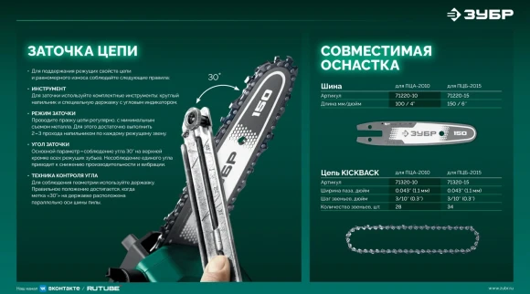 Цепная пила Зубр ПЦБ-4030 аккум. 1100Вт дл.шины:12" (30cm)