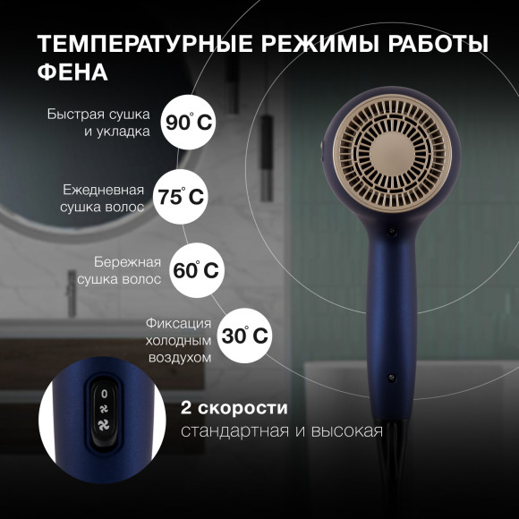 Фен Hyundai H-HDI0758 2400Вт синий/золотистый Фен Hyundai H-HDI0758 2400Вт синий/золотистый