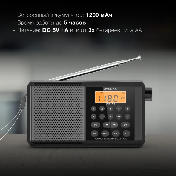 Радиоприемник портативный Hyundai H-PSR115 черный USB microSD Радиоприемник портативный Hyundai H-PSR115 черный USB microSD
