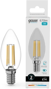 Лампа филам. Gauss Filament 10Вт цок.:E14 свеча 220B св.свеч.бел.нейт. (упак.:10шт) (32120) Лампа филам. Gauss Filament 10Вт цок.:E14 свеча 220B св.свеч.бел.нейт. (упак.:10шт) (32120)