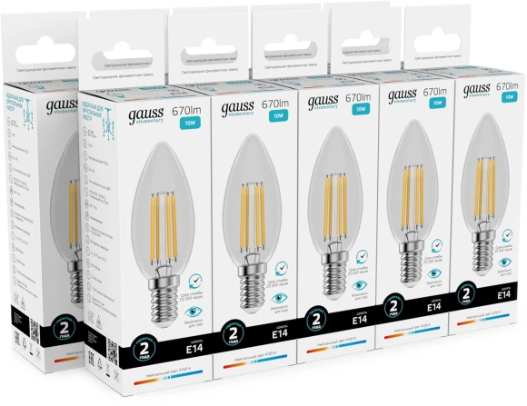 Лампа филам. Gauss Filament 10Вт цок.:E14 свеча 220B св.свеч.бел.нейт. (упак.:10шт) (32120) Лампа филам. Gauss Filament 10Вт цок.:E14 свеча 220B св.свеч.бел.нейт. (упак.:10шт) (32120)