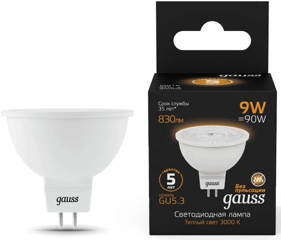Лампа светодиодная Gauss 101505109 9Вт цок.:GU5.3 рефлек. 150B св.свеч.бел.теп. MR16 (упак.:1шт) Лампа светодиодная Gauss 101505109 9Вт цок.:GU5.3 рефлек. 150B св.свеч.бел.теп. MR16 (упак.:1шт)