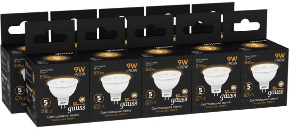 Лампа светодиодная Gauss 101505109 9Вт цок.:GU5.3 рефлек. 150B св.свеч.бел.теп. MR16 (упак.:1шт) Лампа светодиодная Gauss 101505109 9Вт цок.:GU5.3 рефлек. 150B св.свеч.бел.теп. MR16 (упак.:1шт)