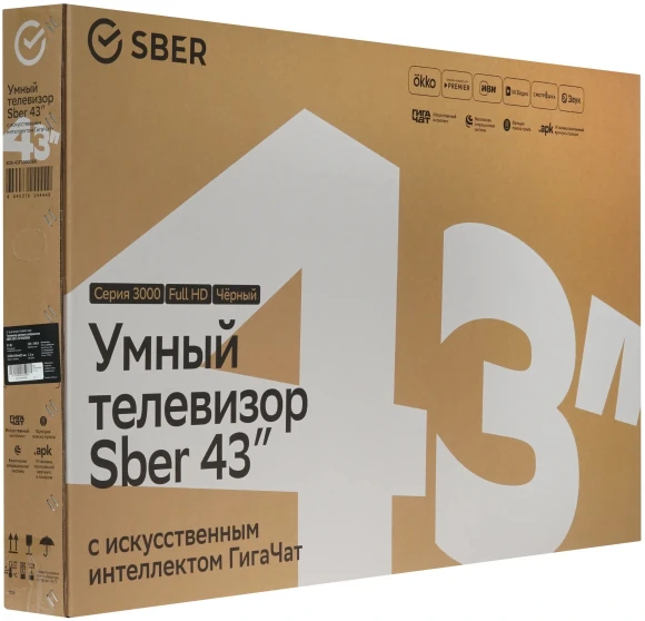 Телевизор LED Sber 43" SDX-43F3000DBA Салют ТВ Frameless черный FULL HD 60Hz DVB-T DVB-T2 DVB-C DVB-S DVB-S2 USB WiFi Smart TV (RUS)