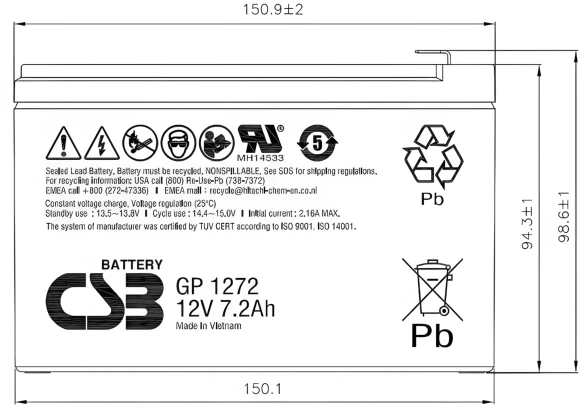Батарея для ИБП CSB GP1272 12В 7.2Ач Батарея для ИБП CSB GP1272 12В 7.2Ач