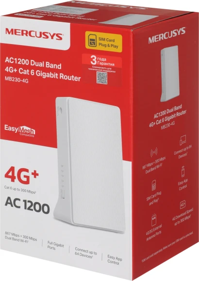 Роутер беспроводной Mercusys MB230-4G AC1200 10/100/1000BASE-TX/4G cat.6 белый Роутер беспроводной Mercusys MB230-4G AC1200 10/100/1000BASE-TX/4G cat.6 белый