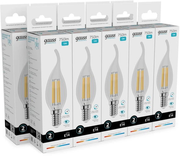 Лампа филам. Gauss Filament 12Вт цок.:E14 свеча 220B св.свеч.бел.нейт. (упак.:10шт) (42122) Лампа филам. Gauss Filament 12Вт цок.:E14 свеча 220B св.свеч.бел.нейт. (упак.:10шт) (42122)