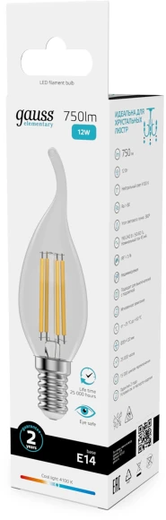 Лампа филам. Gauss Filament 12Вт цок.:E14 свеча 220B св.свеч.бел.нейт. (упак.:10шт) (42122) Лампа филам. Gauss Filament 12Вт цок.:E14 свеча 220B св.свеч.бел.нейт. (упак.:10шт) (42122)