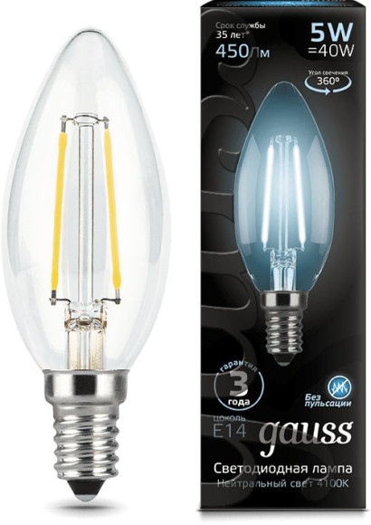 Лампа филам. Gauss Filament 5Вт цок.:E14 свеча 220B 4100K св.свеч.бел.нейт. (упак.:1шт) (104801805)