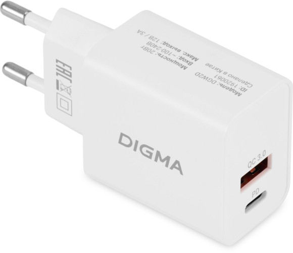 Сетевое зар./устр. Digma DGW2D 20W 3A+1A (PD+QC) USB-C/USB-A универсальное белый (DGW2D0F110WH) Сетевое зар./устр. Digma DGW2D 20W 3A+1A (PD+QC) USB-C/USB-A универсальное белый (DGW2D0F110WH)