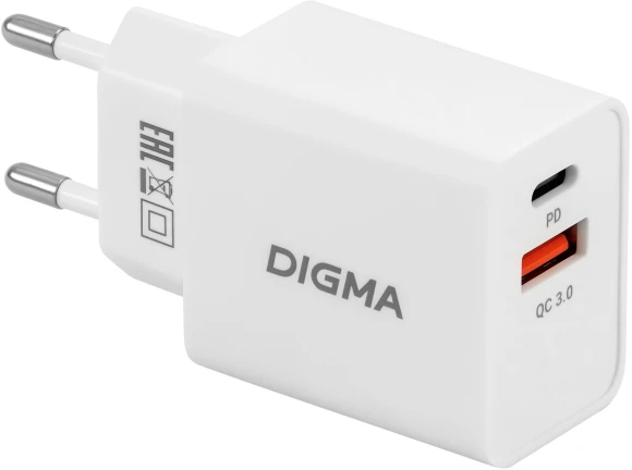 Сетевое зар./устр. Digma DGW2D 20W 3A+1A (PD+QC) USB-C/USB-A универсальное белый (DGW2D0F110WH)