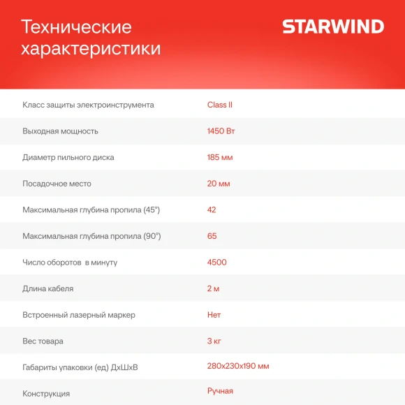 Циркулярная пила (дисковая) Starwind CS185-1450ST 1450Вт (ручная) D диска.:185мм