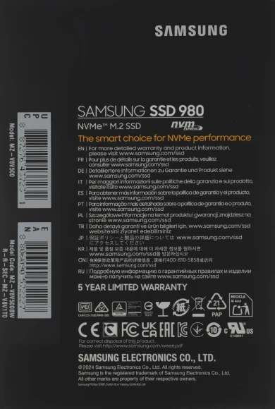 Накопитель SSD Samsung PCIe 3.0 x4 500GB MZ-V8V500BW 980 M.2 2280