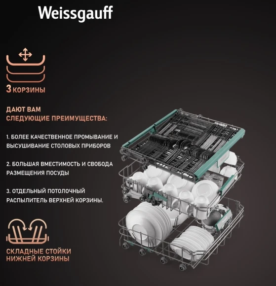 Посудомоечная машина встраив. Weissgauff BDW 6033 Wi-Fi Inverter Autoopen полноразмерная инвертер Посудомоечная машина встраив. Weissgauff BDW 6033 Wi-Fi Inverter Autoopen полноразмерная инвертер