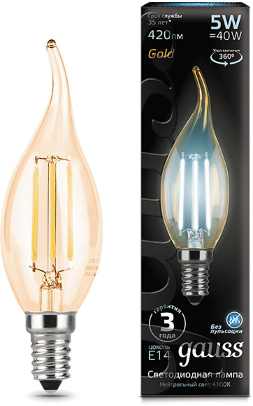 Лампа филам. Gauss Filament 5Вт цок.:E14 свеча 220B 4100K св.свеч.бел.нейт. (упак.:1шт) (105801205)