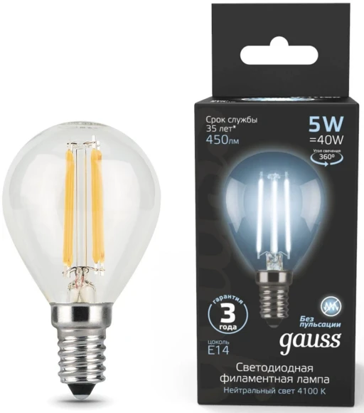 Лампа филам. Gauss Filament 5Вт цок.:E14 свеча 220B св.свеч.бел.нейт. (упак.:1шт) (105801205) Лампа филам. Gauss Filament 5Вт цок.:E14 свеча 220B св.свеч.бел.нейт. (упак.:1шт) (105801205)