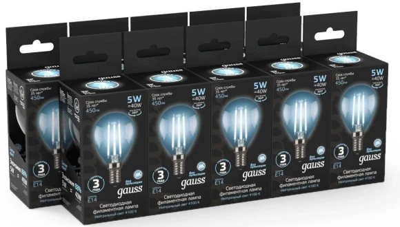 Лампа филам. Gauss Filament 5Вт цок.:E14 свеча 220B св.свеч.бел.нейт. (упак.:1шт) (105801205) Лампа филам. Gauss Filament 5Вт цок.:E14 свеча 220B св.свеч.бел.нейт. (упак.:1шт) (105801205)