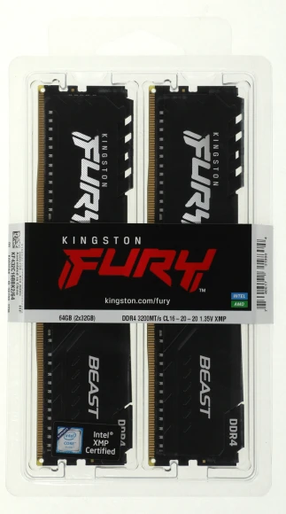 Память DDR4 2x32Gb 3200MHz Kingston KF432C16BBK2/64 Fury Beast Black RTL Gaming PC4-25600 CL16 DIMM 288-pin 1.35В dual rank с радиатором Ret