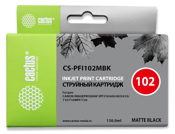 Картридж струйный Cactus CS-PFI102MBK PFI-102 MBK черный матовый (130мл) для Canon iPF500/iPF600/iPF700/ MFP M40/iPF765/LP17/LP24