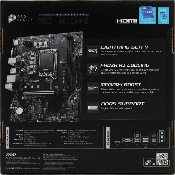 Материнская плата MSI PRO H610M-E Soc-1700 Intel H610 2xDDR5 mATX AC`97 8ch(7.1) GbLAN+VGA+HDMI