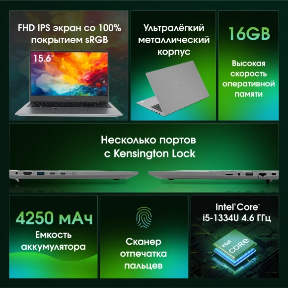Ноутбук Digma Pro Fortis M Core i5 1334U 16Gb SSD512Gb Intel Iris Xe graphics 15.6" IPS FHD (1920x1080) Windows 11 Pro grey WiFi BT Cam 4250mAh (DN15P5-ADXW06)