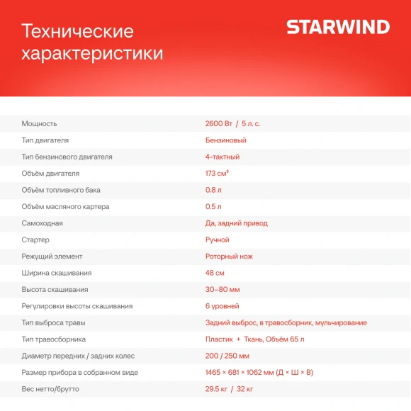 Газонокосилка роторная Starwind GLM-S19.175 (LMB19S03) 2.6Вт Газонокосилка роторная Starwind GLM-S19.175 (LMB19S03) 2.6Вт
