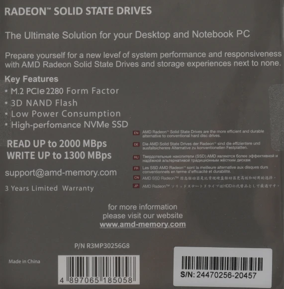 Накопитель SSD AMD PCIe 3.0 x4 256GB R3MP30256G8 Radeon M.2 2280 Накопитель SSD AMD PCIe 3.0 x4 256GB R3MP30256G8 Radeon M.2 2280