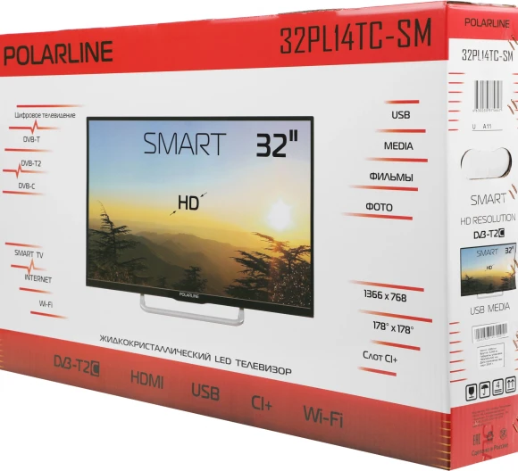 Телевизор LED PolarLine 32" 32PL14TC-SM черный HD 60Hz DVB-T DVB-T2 DVB-C WiFi Smart TV (RUS)