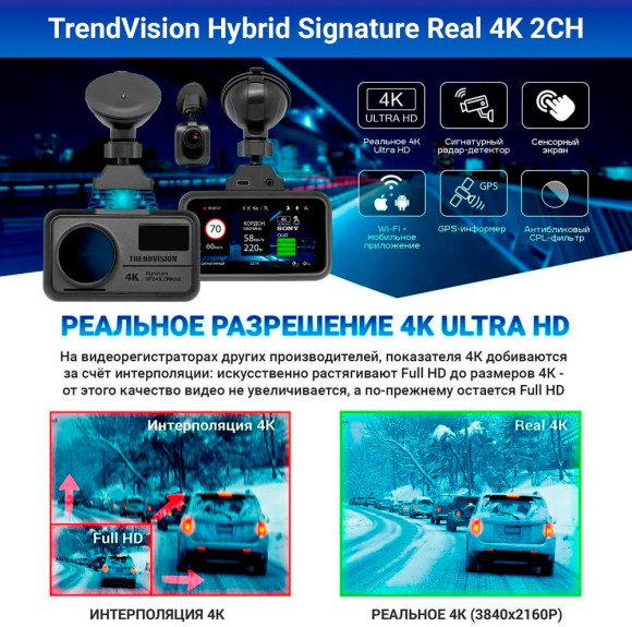 Видеорегистратор с радар-детектором TrendVision Hybrid Signature Real 4K 2CH GPS ГЛОНАСС черный