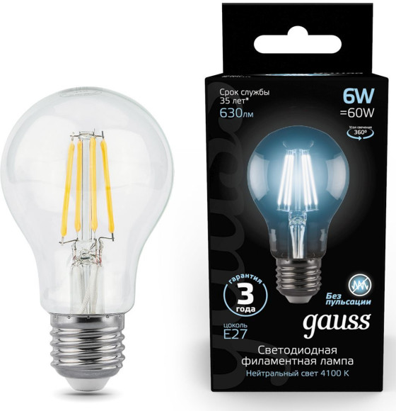 Лампа светодиодная Gauss Filament A60 8Вт цок.:E27 груша 220B св.свеч.бел.нейт. (упак.:1шт) (102802208)