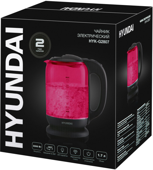 Чайник электрический Hyundai HYK-G4808 1.7л. 2200Вт малиновый/черный корпус: стекло Чайник электрический Hyundai HYK-G4808 1.7л. 2200Вт малиновый/черный корпус: стекло