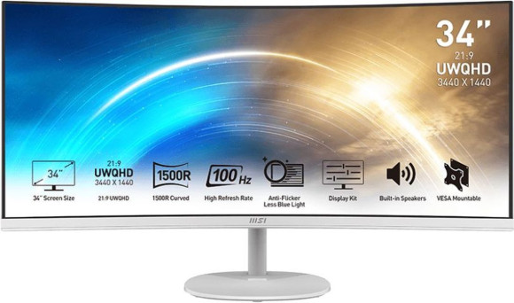 Монитор MSI 34" Pro MP341CQW белый VA LED 1ms 21:9 HDMI M/M матовая 300cd 178гр/178гр 3440x1440 100Hz DP 2K 7.7кг