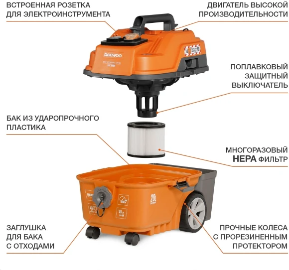 Строительный пылесос Daewoo DAVC 2000S 1500Вт (уборка: сухая/сбор воды/выдув) оранжевый