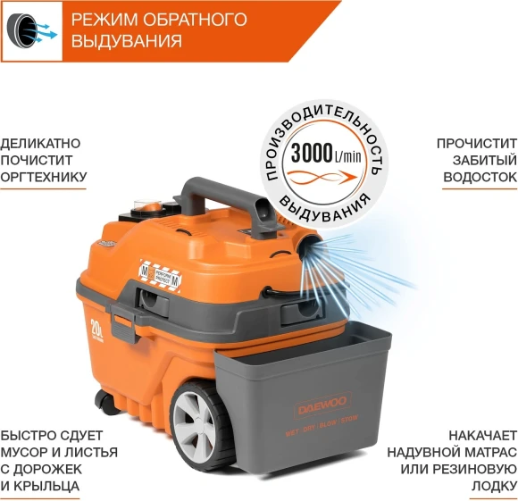 Строительный пылесос Daewoo DAVC 2000S 1500Вт (уборка: сухая/сбор воды/выдув) оранжевый