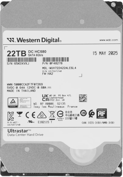 Жесткий диск WD SATA-III 22TB 0F48278 WUH722422ALE6L4 Server Ultrastar DC HC580 4KN (7200rpm) 512Mb 3.5" Жесткий диск WD SATA-III 22TB 0F48278 WUH722422ALE6L4 Server Ultrastar DC HC580 4KN (7200rpm) 512Mb 3.5"