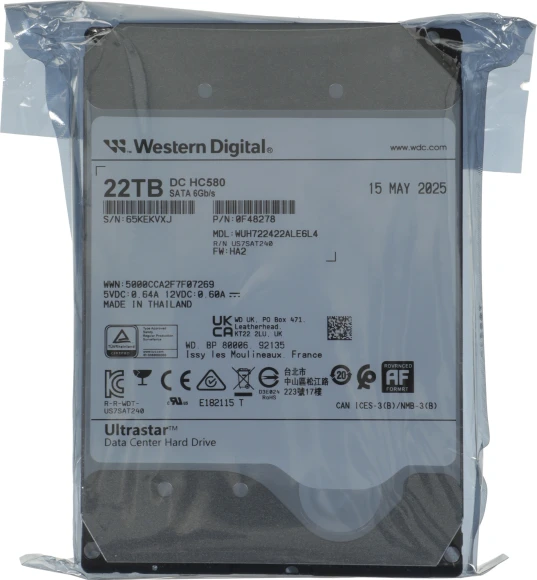 Жесткий диск WD SATA-III 22TB 0F48278 WUH722422ALE6L4 Server Ultrastar DC HC580 4KN (7200rpm) 512Mb 3.5" Жесткий диск WD SATA-III 22TB 0F48278 WUH722422ALE6L4 Server Ultrastar DC HC580 4KN (7200rpm) 512Mb 3.5"
