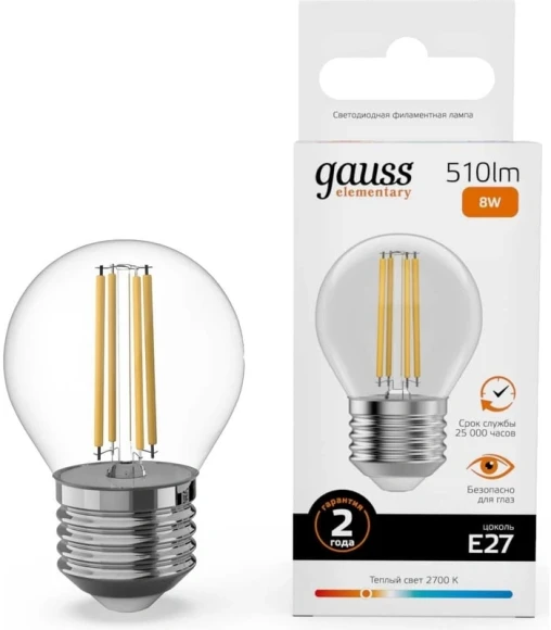 Лампа филам. Gauss Filament 8Вт цок.:E27 шар (упак.:1шт) (52218)