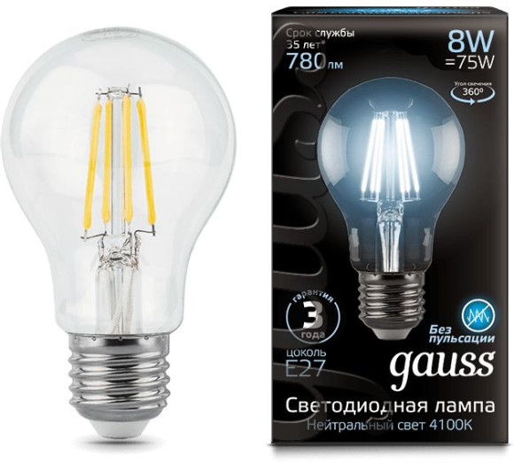 Лампа филам. Gauss Filament A60 10Вт цок.:E27 груша 220B 2700K св.свеч.бел.теп. (упак.:1шт) (102802110)