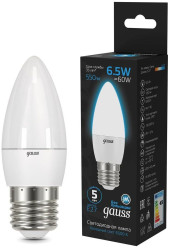 Лампа светодиодная Gauss 103101307 6.5Вт цок.:E14 свеча 220B св.свеч.бел.хол. (упак.:10шт) Лампа светодиодная Gauss 103101307 6.5Вт цок.:E14 свеча 220B св.свеч.бел.хол. (упак.:10шт)